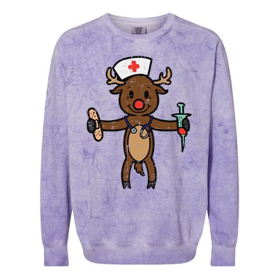 Christmas Nurse Reindeer Funny Xmas Nursing Scrub Top Funny Gift Colorblast Crewneck Sweatshirt