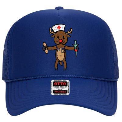 Christmas Nurse Reindeer Funny Xmas Nursing Scrub Top Funny Gift High Crown Mesh Back Trucker Hat