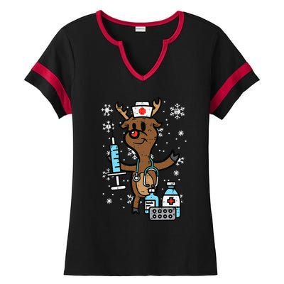 Christmas Nurse Reindeer Funny Xmas Nursing Scrub Top Funny Ladies Halftime Notch Neck Tee