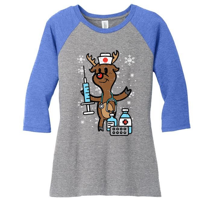 Christmas Nurse Reindeer Funny Xmas Nursing Scrub Top Funny Women's Tri-Blend 3/4-Sleeve Raglan Shirt