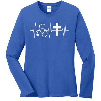 Christian Nurse Religious Nursing Jesus Heartbeat Ladies Long Sleeve Shirt