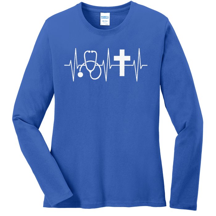 Christian Nurse Religious Nursing Jesus Heartbeat Ladies Long Sleeve Shirt