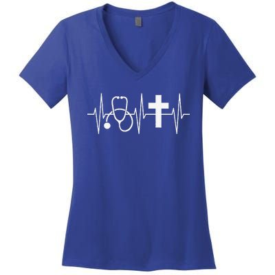 Christian Nurse Religious Nursing Jesus Heartbeat Women's V-Neck T-Shirt