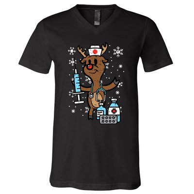 Christmas Nurse Reindeer Funny Xmas Nursing V-Neck T-Shirt