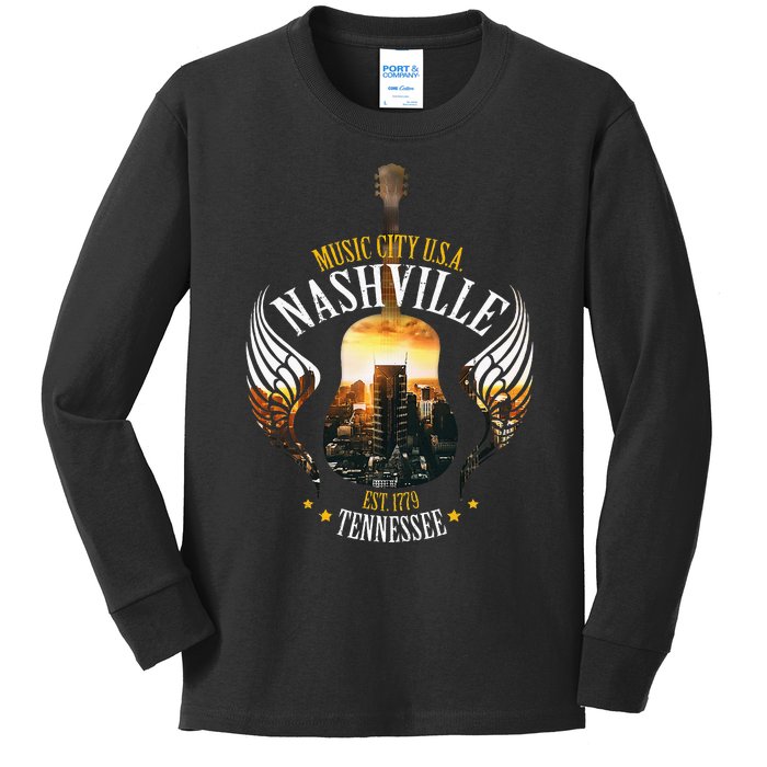 Country Nashville Retro Graphic Guitar Kids Long Sleeve Shirt