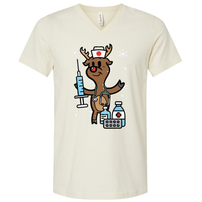 Christmas Nurse Reindeer Funny Xmas Nursing Scrub Top Women V-Neck T-Shirt