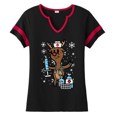 Christmas Nurse Reindeer Funny Xmas Nursing Scrub Top Women Ladies Halftime Notch Neck Tee