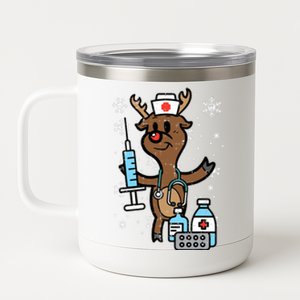 Christmas Nurse Reindeer Funny Xmas Nursing Scrub Top Women 12 oz Stainless Steel Tumbler Cup