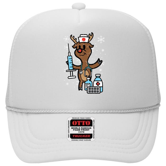 Christmas Nurse Reindeer Funny Xmas Nursing Scrub Top High Crown Mesh Back Trucker Hat