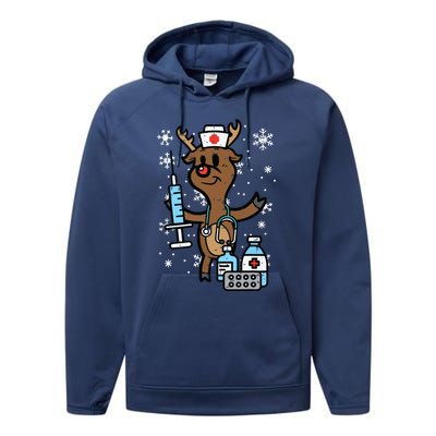 Christmas Nurse Reindeer Funny Xmas Nursing Scrub Top Women Performance Fleece Hoodie