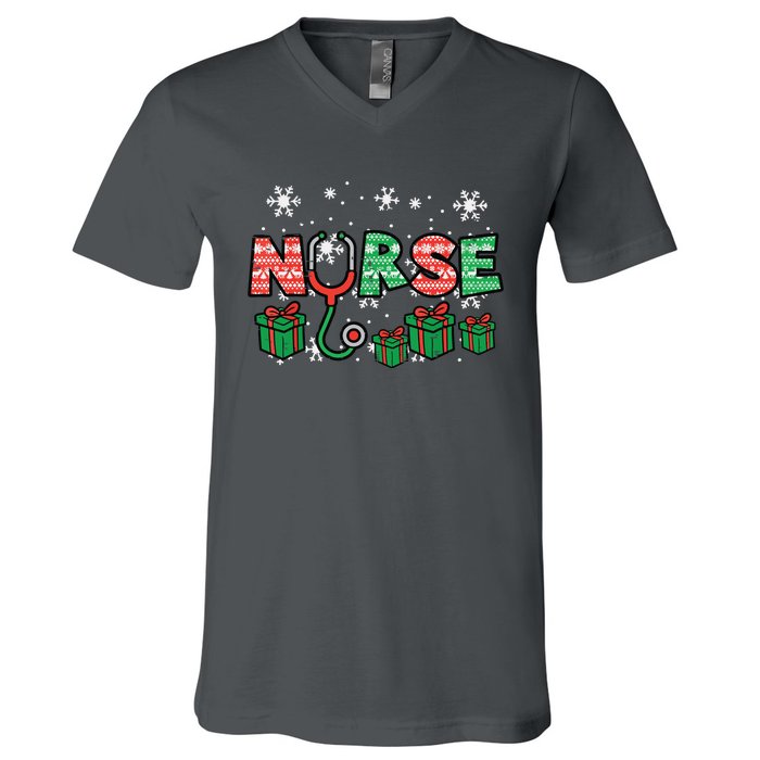 Christmas Nurse Stethoscope Xmas Nursing Scrub Top Rn Women V-Neck T-Shirt