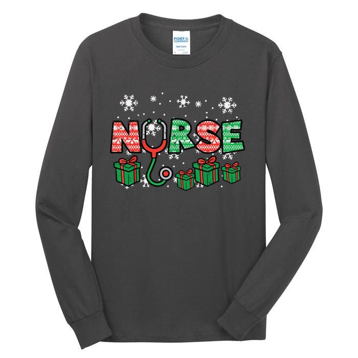 Christmas Nurse Stethoscope Xmas Nursing Scrub Top Rn Women Tall Long Sleeve T-Shirt