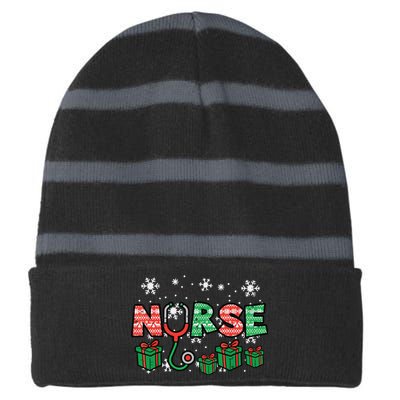 Christmas Nurse Stethoscope Xmas Nursing Scrub Top Rn Women Striped Beanie with Solid Band