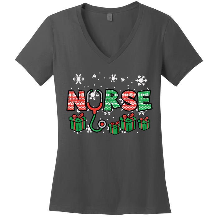 Christmas Nurse Stethoscope Xmas Nursing Scrub Top Rn Women Women's V-Neck T-Shirt