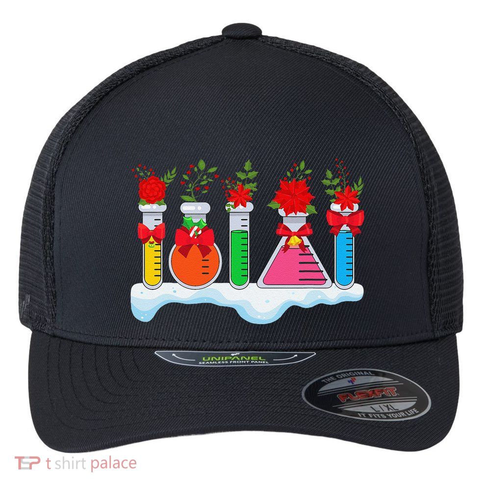 Chemistry Nerd Science Lover Test Tube Flower Bow Christmas Flexfit Unipanel Trucker Cap