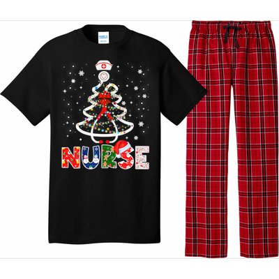 Christmas Nurse Stethoscope Tree Lights Scrub Nursing Xmas Gift Pajama Set