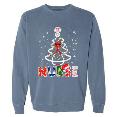 Christmas Nurse Stethoscope Tree Lights Scrub Nursing Xmas Gift Garment-Dyed Sweatshirt