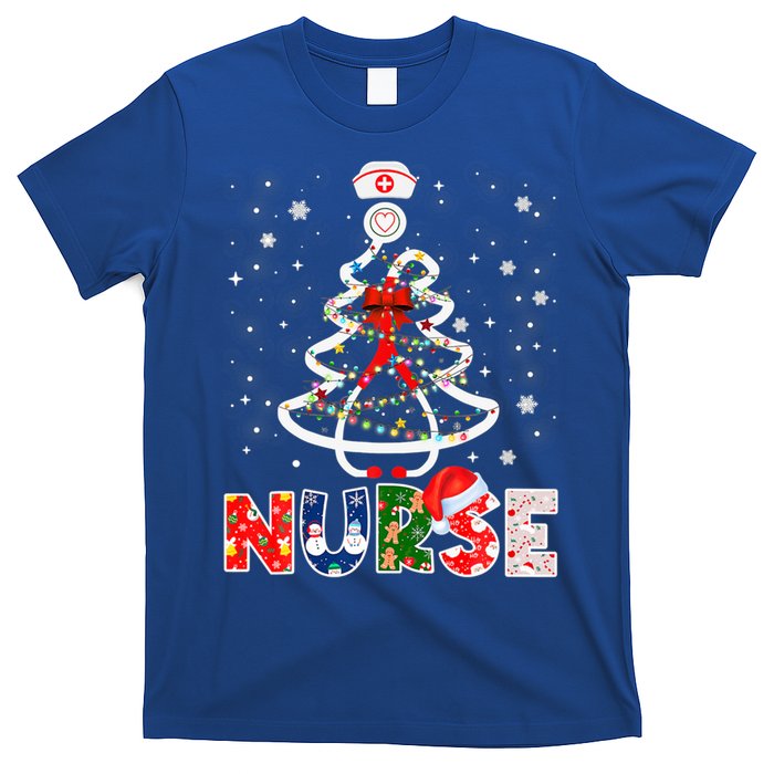 Christmas Nurse Stethoscope Tree Lights Scrub Nursing Xmas Gift T-Shirt