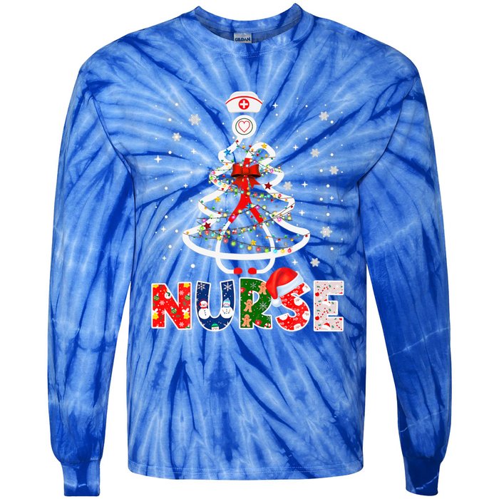 Christmas Nurse Stethoscope Tree Lights Scrub Nursing Xmas Gift Tie-Dye Long Sleeve Shirt