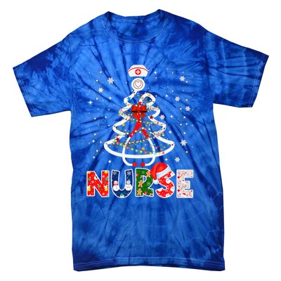 Christmas Nurse Stethoscope Tree Lights Scrub Nursing Xmas Gift Tie-Dye T-Shirt