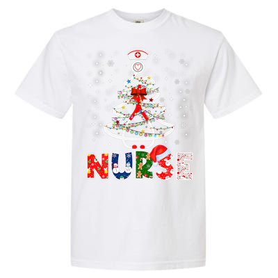 Christmas Nurse Stethoscope Tree Lights Scrub Nursing Xmas Gift Garment-Dyed Heavyweight T-Shirt