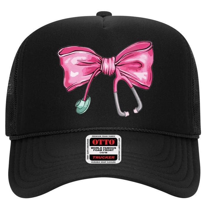 Coquette Nurse Stethoscope Bow High Crown Mesh Back Trucker Hat