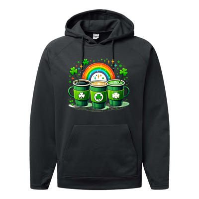 Coffee Nurse St PatrickS Day Shamrock Rainbow Rn Icu Er Gift Performance Fleece Hoodie