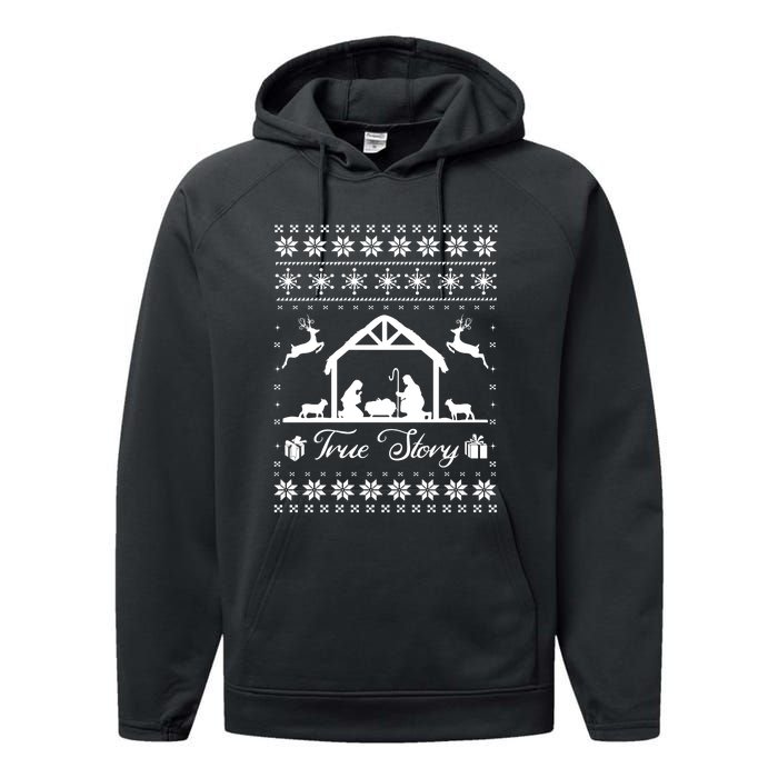 Christmas Nativity True Nativity Story Scene Ugly Sweater Performance Fleece Hoodie