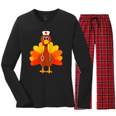 Cute Nurse Thanksgiving Turkey Women's Long Sleeve Flannel Pajama Set 