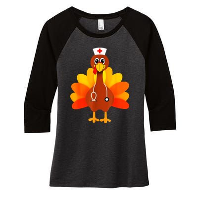 Cute Nurse Thanksgiving Turkey Women's Tri-Blend 3/4-Sleeve Raglan Shirt