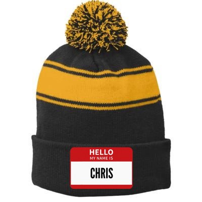 Chris Name Tag Hello My Name Is Chris Stripe Pom Pom Beanie