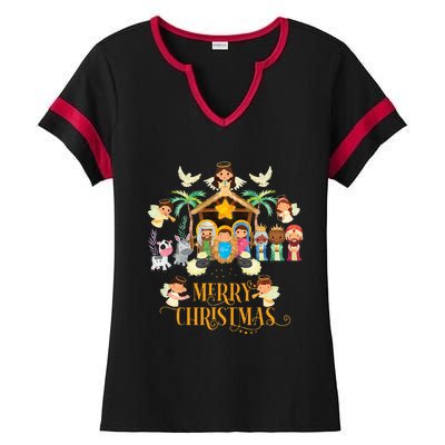 Christmas Nativity True Story Nativity Scene Gifts  Ladies Halftime Notch Neck Tee