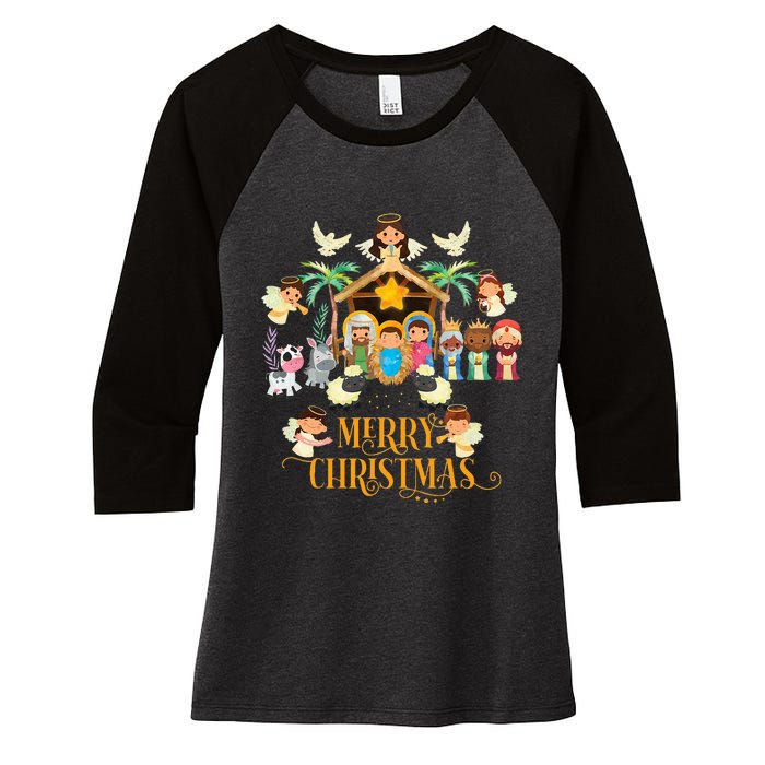 Christmas Nativity True Story Nativity Scene Gifts  Women's Tri-Blend 3/4-Sleeve Raglan Shirt