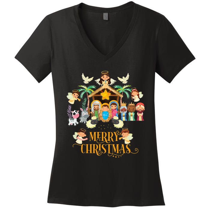 Christmas Nativity True Story Nativity Scene Gifts  Women's V-Neck T-Shirt