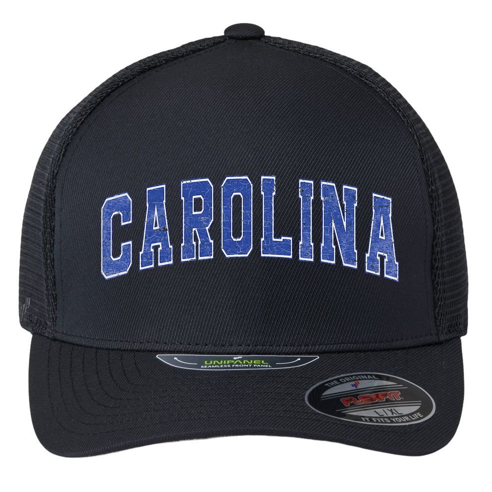 Carolina Nc Vintage Sports Blue Retro Varsity Text Flexfit Unipanel Trucker Cap