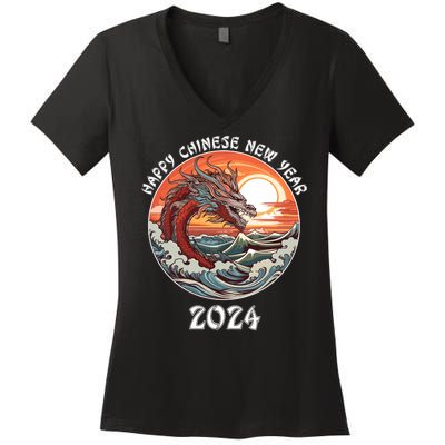 Chinese New Year 2024 Happy New Year 2024 Year Of The Dragon Chinese Lunar Women's V-Neck T-Shirt