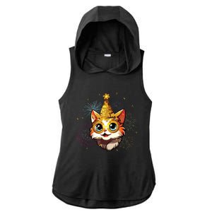 Cat New Years Eve Party Happy New Year 2024 Fireworks Ladies PosiCharge Tri-Blend Wicking Draft Hoodie Tank