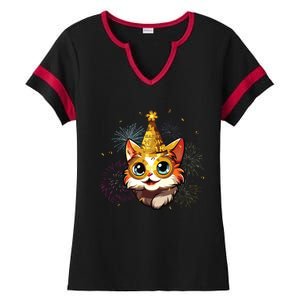 Cat New Years Eve Party Happy New Year 2024 Fireworks Ladies Halftime Notch Neck Tee