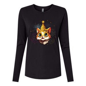 Cat New Years Eve Party Happy New Year 2024 Fireworks Womens Cotton Relaxed Long Sleeve T-Shirt