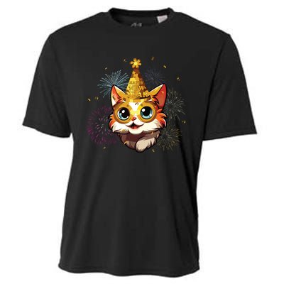 Cat New Years Eve Party Happy New Year 2024 Fireworks Cooling Performance Crew T-Shirt