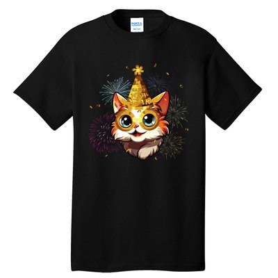 Cat New Years Eve Party Happy New Year 2024 Fireworks Tall T-Shirt