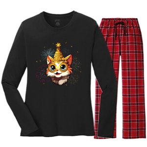 Cat New Years Eve Party Happy New Year 2024 Fireworks Women's Long Sleeve Flannel Pajama Set 