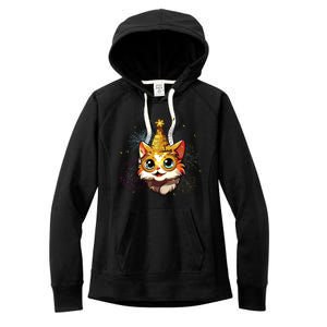 Cat New Years Eve Party Happy New Year 2024 Fireworks Women's Fleece Hoodie