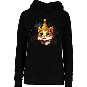 Cat New Years Eve Party Happy New Year 2024 Fireworks Womens Funnel Neck Pullover Hood