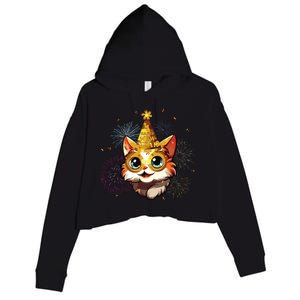 Cat New Years Eve Party Happy New Year 2024 Fireworks Crop Fleece Hoodie