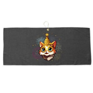 Cat New Years Eve Party Happy New Year 2024 Fireworks Large Microfiber Waffle Golf Towel