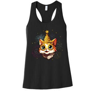 Cat New Years Eve Party Happy New Year 2024 Fireworks Women's Racerback Tank