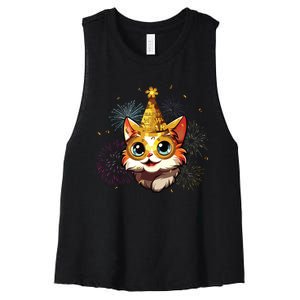 Cat New Years Eve Party Happy New Year 2024 Fireworks Women's Racerback Cropped Tank