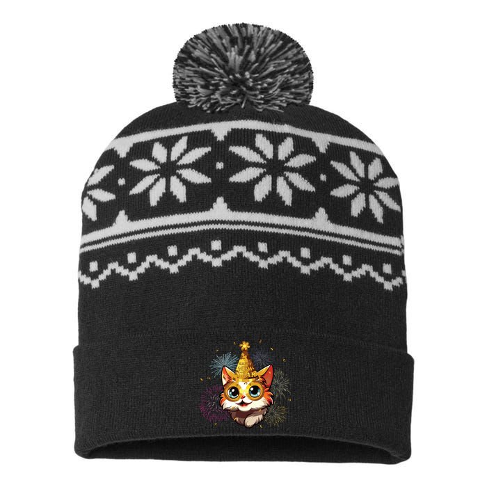 Cat New Years Eve Party Happy New Year 2024 Fireworks USA-Made Snowflake Beanie