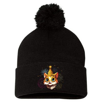 Cat New Years Eve Party Happy New Year 2024 Fireworks Pom Pom 12in Knit Beanie